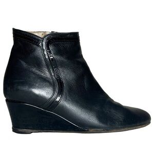 Bruno Magli Leather Wedge Ankle Booties Black with Patent Leather Trim Size EU37